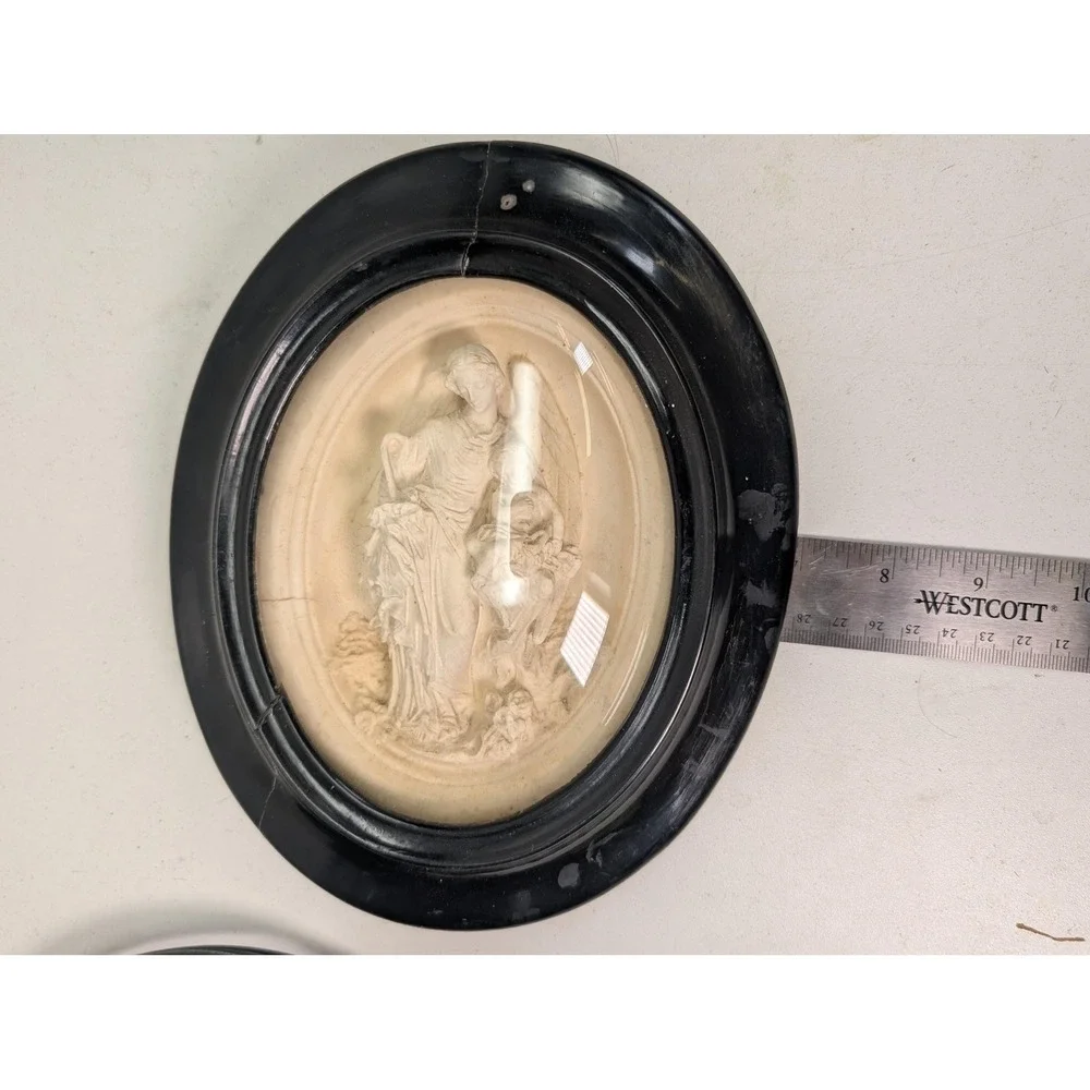 Vintage Guardian Angel Child Oval Relief Wall Plaque Black Frame Christian Decor